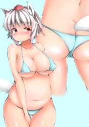 Rule 34 | 1girl, animal ears, ass, back, belly, between thighs, bikini, blush, breasts, butt crack, cleavage, collarbone, covered erect nipples, frown, hat, highres, inubashiri momiji, large breasts, multiple views, navel, plump, red eyes, shishi juuroku, short hair, silver hair, swimsuit, tail, thick eyebrows, thighs, tokin hat, touhou, wolf ears, wolf tail