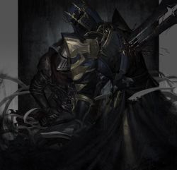 Rule 34 | 2others, ambiguous gender, armor, black robe, blood, bloody weapon, commentary, covered face, covered mouth, dark knight (final fantasy), feet out of frame, final fantasy, final fantasy xiv, fray myste, full armor, gauntlets, greatsword, grey background, helm, helmet, highres, holding, holding sword, holding weapon, impaled, injury, multiple others, murder, one eye closed, outside border, pauldrons, pillarboxed, realistic, robe, shoulder armor, shoulder belt, stab, standing, sword, symbol-only commentary, weapon, wysswyrst, yellow eyes