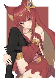Rule 34 | 1girl, animal ears, anthuria, black gloves, black thighhighs, blush, breasts, closed mouth, commentary request, detached sleeves, dress, erune, female focus, gloves, granblue fantasy, hair ornament, half-closed eyes, halterneck, hugging own legs, katoshigu, knee up, long hair, looking at viewer, matching hair/eyes, medium breasts, outside border, red background, red dress, red eyes, red hair, short dress, single glove, sitting, smile, solo, thighhighs