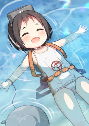 Rule 34 | 1girl, afloat, bare arms, bare shoulders, black hair, blush, diving mask, diving mask on head, closed eyes, goggles, goggles on head, hanamiya natsuka, kantai collection, lying, maru-yu (kancolle), old school swimsuit, on back, one-piece swimsuit, open mouth, partially submerged, ripples, school swimsuit, short hair, solo, swimsuit, water, white one-piece swimsuit
