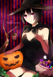Rule 34 | 1girl, bad id, bad pixiv id, bare shoulders, black hair, bob cut, breasts, candy, cape, cleavage, dress, durarara!!, elbow gloves, food, glasses, gloves, halloween, hat, hinachicrm, ivy, jack-o&#039;-lantern, lantern, large breasts, pumpkin, red eyes, short hair, solo, sonohara anri, strapless, strapless dress, striped, striped background, thighhighs, witch hat