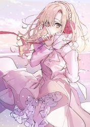 Rule 34 | 1girl, arm behind back, blonde hair, buttons, dress, earmuffs, frilled dress, frills, hair between eyes, hair over one eye, hand on own face, hand up, heterochromia, highres, holding, holding ribbon, long hair, long sleeves, looking at viewer, original, pink dress, red ribbon, ribbon, scarf, snow, solo, standing, wata (attaka towel), white scarf, yellow eyes