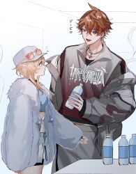 Rule 34 | 1boy, 1girl, blonde hair, blue eyes, blue shirt, bottle, bow, bowtie, brown hair, commentary, crop top, genshin impact, grey jacket, grey pants, hashtag-only commentary, hat, highres, holding, holding bottle, jacket, looking at another, lumine (genshin impact), midriff, official alternate costume, open clothes, open jacket, open mouth, pants, shirt, short hair with long locks, sidelocks, sleeves past wrists, tartaglia (genshin impact), translation request, umenoume, water bottle, white hat, white jacket, yellow eyes