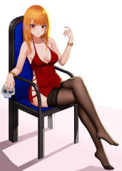 Rule 34 | 1girl, absurdres, bead necklace, beads, blonde hair, blush, chair, crossed legs, feet, highres, jewelry, kitagawa marin, long hair, looking at viewer, necklace, parted lips, red eyes, see-through, see-through legwear, sitting, skull, sono bisque doll wa koi wo suru, toes