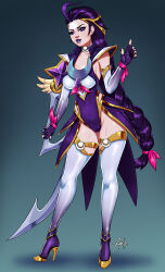 Rule 34 | 1girl, artist name, black nails, cameltoe, collarbone, contrapposto, diana (league of legends), fingerless gloves, full body, gloves, gradient background, hair ribbon, hand up, high heels, highres, league of legends, long hair, nail polish, pink ribbon, purple gloves, purple lips, ribbon, shoes, solo, standing, teeth, thighhighs, white thighhighs, xinaelle