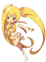 Rule 34 | 10s, 1girl, blonde hair, boots, bow, brooch, chibi, cure sunshine, heart, heart brooch, heartcatch precure!, highres, jewelry, kimoko, knee boots, magical girl, myoudouin itsuki, orange bow, precure, skirt, solo, twintails, white background, yellow bow, yellow skirt