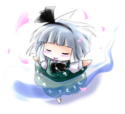 Rule 34 | 1girl, blush, cherry blossoms, chibi, closed eyes, dancing, female focus, full body, hair ribbon, happy, highres, konpaku youmu, konpaku youmu (ghost), outstretched arms, petals, ribbon, silver hair, simple background, smile, solo, spread arms, standing, standing on one leg, touhou, white background, yume shokunin