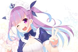 Rule 34 | 1girl, ahoge, anchor symbol, blue hair, bow, bowtie, braid, breasts, cleavage, cleavage cutout, clothing cutout, colored inner hair, commentary, double v, frills, hair ribbon, highres, hololive, hoppege, long hair, looking at viewer, maid, maid headdress, minato aqua, minato aqua (1st costume), multicolored hair, nail polish, one eye closed, open mouth, purple eyes, purple hair, ribbon, short sleeves, sidelocks, smile, solo, star (symbol), starry background, streaked hair, teeth, two-tone hair, two side up, v, v v, virtual youtuber, wrist cuffs
