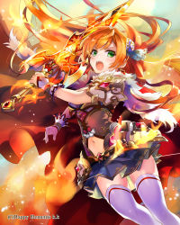 Rule 34 | 1girl, absurdres, anatamouta, bow, cape, clothing cutout, earrings, fire, green eyes, hair bow, highres, jewelry, long hair, midriff, navel, navel cutout, open mouth, orange hair, skirt, solo, sword, thighhighs, thousand emperors, weapon, white thighhighs, wrist cuffs