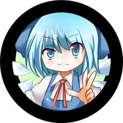 Rule 34 | 1girl, blue eyes, blue hair, circle, cirno, lowres, mamepon, matching hair/eyes, raised eyebrow, smile, solo, embodiment of scarlet devil, touhou, uneven eyes, v
