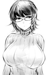 Rule 34 | 1girl, absurdres, breasts, closed mouth, glasses, greyscale, head tilt, highres, hometa, huge breasts, long sleeves, looking away, monochrome, monochrome, original, ribbed sweater, short hair, sketch, solo, sweater