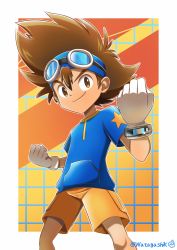 Rule 34 | 1boy, absurdres, blue headband, blue shirt, border, brown eyes, brown hair, closed mouth, commentary request, digimon, digimon adventure: (2020), glint, gloves, goggles, goggles on head, hair between eyes, hand up, headband, highres, looking at viewer, male focus, orange background, orange shorts, outside border, print shirt, shirt, short sleeves, shorts, signature, smile, solo, spiked hair, standing, star (symbol), star print, t-shirt, twitter username, watagashikn, white border, white gloves, yagami taichi