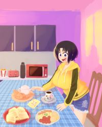 Rule 34 | 1girl, absurdres, black hair, blue eyes, bread, bread slice, breasts, butter, butter knife, chair, cheese, coffee mug, copyright parody, cowboy shot, cup, curvy, cutoffs, dragon girl, drooling, elma (maidragon), female focus, food, gradient hair, highres, hood, hoodie, kfc, kitchen, kobayashi-san chi no maidragon, masked ink, microwave, mug, multicolored hair, open mouth, salami (food), short hair, shorts, slit pupils, smile, solo, standing, streaked hair, table, taiyaki, thermos, toast, toaster, torn clothes, torn shorts, two-tone hair, wagashi, yellow hoodie