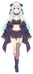 Rule 34 | 1girl, :d, asymmetrical legwear, bare shoulders, belt, black footwear, black jacket, black skirt, blue eyes, blue hair, blue ribbon, boots, breasts, cleavage, collar, collarbone, crop top, cross-laced footwear, demon horns, full body, garter straps, gradient hair, hair ribbon, halterneck, highleg, highres, horns, jacket, kusumoto shizuru, lace-up boots, large breasts, long hair, long sleeves, looking at viewer, midriff, miniskirt, mismatched legwear, multicolored hair, navel, off shoulder, open clothes, open jacket, open mouth, original, pencil skirt, ribbon, side slit, silver hair, simple background, single thighhigh, skirt, sleeveless, smile, solo, standing, stomach, thighhighs, two-tone hair, white background