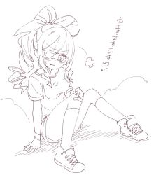 Rule 34 | 1girl, arm support, bandaid, bandaid on knee, bandaid on leg, blush, breasts, closed mouth, commentary request, copyright request, eyepatch, greyscale, gym shirt, gym shorts, gym uniform, hair ribbon, hand on own knee, high ponytail, jigatei (omijin), kneehighs, knees up, long hair, looking at viewer, medical eyepatch, medium breasts, monochrome, ponytail, ribbon, ringlets, shirt, shoes, short shorts, short sleeves, shorts, sidelocks, sitting, socks, solo, translation request, v-shaped eyebrows, white background, wristband