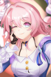Rule 34 | 3girls, ;), absurdres, bare shoulders, black choker, black gloves, blue eyes, blurry, blurry background, bra strap, breasts, choker, cleavage, commentary, english commentary, gloves, hair intakes, highres, honkai: star rail, honkai (series), looking at viewer, medium breasts, mikicho, multiple girls, off-shoulder shirt, off shoulder, one eye closed, pink hair, purple eyes, shirt, silver wolf (honkai: star rail), smile, solo focus, stelle (honkai: star rail), trailblazer (honkai: star rail), two-tone eyes, upper body, white shirt
