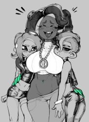 Rule 34 | 1boy, 2girls, agent 8 (splatoon), arm around waist, ass, bad id, bad twitter id, blush, breasts, closed eyes, crop top, dark skin, eigaka, green nails, groin, highres, jewelry, large breasts, laughing, looking at another, looking at viewer, marina (splatoon), midriff, miniskirt, mole, mole under mouth, multiple girls, nail polish, navel, navel piercing, necklace, nintendo, octoling, octoling boy, octoling girl, octoling player character, open mouth, pants, parted lips, piercing, pointy ears, simple background, single sleeve, size difference, skirt, splatoon (series), splatoon 2, splatoon 2: octo expansion, spot color, stomach, suction cups, tentacle hair, thigh gap, thigh strap, tight clothes, tight pants, toned, wide hips, zipper