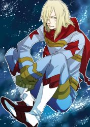 Rule 34 | &gt;:(, 1boy, blonde hair, bodysuit, boots, clenched teeth, commentary request, ellipse, eyes visible through hair, frown, full body, galaxy, gloves, gold trim, hair over one eye, knees up, long hair, long sleeves, looking at viewer, male focus, multicolored bodysuit, multicolored clothes, outline, oversized limbs, red scarf, sanpaku, scar, scar on face, scarf, sharp teeth, sitting, slit pupils, solo, star (sky), star (symbol), star print, starry background, teeth, tengen toppa gurren lagann, torn clothes, torn scarf, v-shaped eyebrows, viral (ttgl), white footwear, white outline, yellow eyes, yellow gloves