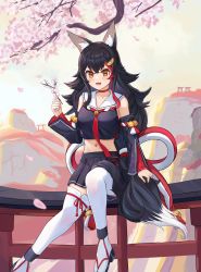Rule 34 | 1girl, absurdres, animal ear fluff, animal ears, bell, black hair, black skirt, breasts, brown eyes, cherry blossoms, highres, hololive, japanese clothes, medium breasts, midriff, multicolored hair, oksuri, ookami mio, ookami mio (1st costume), red hair, sitting, sitting on torii, skirt, solo, stomach, streaked hair, tail, tail around own leg, tail wrap, thighhighs, torii, virtual youtuber, white hair, wolf ears, wolf girl, wolf tail
