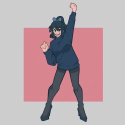 Rule 34 | 1girl, albert remong, arm up, black eyes, black footwear, black hair, black pantyhose, black sweater, blue bow, borrowed character, bow, breasts, clenched hand, dress, eyebrows hidden by hair, full body, hair between eyes, hair bow, hand up, high ponytail, highres, large breasts, legs apart, long hair, long sleeves, looking at viewer, lucia (scott malin), no pants, open mouth, original, pantyhose, ponytail, shoes, short dress, sidelocks, smile, solo, standing, sweater, teeth, thighband pantyhose, two-tone background, upper teeth only