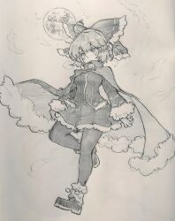 Rule 34 | 1girl, absurdres, alternate costume, bow, cape, carbohydrate (asta4282), commentary request, earmuffs, full body, fur trim, greyscale, hair bow, highres, looking at viewer, monochrome, sekibanki, short hair, sketch, touhou, traditional media, winter clothes