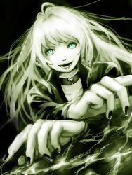 Rule 34 | 1girl, black nails, blue eyes, choker, collarbone, highres, lipstick, long hair, looking at viewer, makeup, monochrome, nail polish, nemissa, open mouth, shin megami tensei, silver hair, smile, solo, soul hackers, spot color, y (pixiv1616946)
