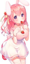 Rule 34 | 1girl, animal ears, braid, breasts, brown eyes, choker, closed mouth, collarbone, dress, flower, food, food-themed hair ornament, food in mouth, frilled choker, frills, fruit, hair between eyes, hair flower, hair ornament, hair ribbon, hands on own chest, highres, large breasts, long hair, looking at viewer, mouth hold, original, pink choker, pink hair, pink sailor collar, plaid, puffy short sleeves, puffy sleeves, rabbit ears, rabbit girl, rabbit tail, red footwear, ribbon, sailor collar, sailor dress, sakura (usashiro mani), short sleeves, simple background, solo, strawberry, strawberry hair ornament, tail, thighhighs, usashiro mani, white background, white dress, white flower, white thighhighs, yellow ribbon