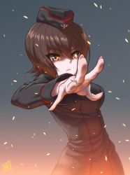 Rule 34 | 10s, 1girl, artist name, black hat, black jacket, brown eyes, brown hair, closed mouth, commentary, dress shirt, fingernails, fire, foreshortening, frown, garrison cap, girls und panzer, glowing, hat, high lan, jacket, kuromorimine military uniform, long sleeves, looking at viewer, military, military hat, military uniform, nishizumi maho, reaching, red shirt, shirt, short hair, signature, solo, sparks, standing, uniform, upper body