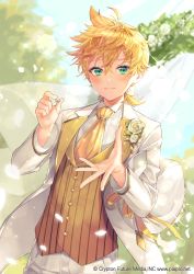 Rule 34 | 1boy, absurdres, arch, ascot, blonde hair, blurry, blurry background, blush, bokeh, boutonniere, bow, commentary, company name, copyright notice, curtains, day, depth of field, dutch angle, floral arch, flower, green eyes, groom, hair bow, hatsune miku graphy collection, highres, holding, holding jewelry, holding ring, jacket, jewelry, kagamine len, long sleeves, looking at viewer, low ponytail, male focus, necktie, official art, open clothes, open jacket, outstretched hand, pants, petals, ponytail, reaching, reaching towards viewer, ribbon, ring, shinotarou (nagunaguex), shirt, smile, solo, sparkle, tuxedo, unworn jewelry, upper body, vest, vocaloid, watermark, web address, wedding ring, white bow, white flower, white jacket, white pants, white shirt, wind, wing collar, yellow neckwear, yellow ribbon, yellow vest