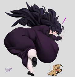 Rule 34 | !, 1girl, alternate breast size, ass, bent over, breasts, creatures (company), from side, game freak, gen 7 pokemon, gigantic breasts, hayabusart, hex maniac (pokemon), highres, long hair, mimikyu, nail polish, nintendo, pokemon, pokemon xy, shoes, simple background, solo, sweater, very long hair