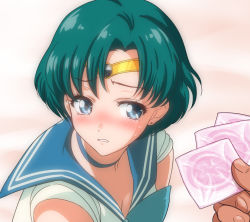 Rule 34 | 1girl, aqua hair, bishoujo senshi sailor moon, blue bow, blue choker, blue eyes, blue sailor collar, blush, bow, breasts, check commentary, choker, circlet, cleavage, clenched teeth, commentary request, condom, condom wrapper, crying, crying with eyes open, derivative work, earrings, furrowed brow, holding, holding condom, jewelry, looking at object, meme, mizuno ami, nervous, okumori boy, open mouth, parted bangs, sailor collar, sailor mercury, sailor moon redraw challenge (meme), sailor senshi uniform, screenshot redraw, shirt, short hair, short sleeves, stud earrings, sweat, tears, teeth, white shirt