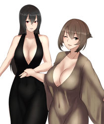 Rule 34 | 10s, 2girls, black hair, breasts, brown hair, cleavage, collarbone, dress, evening gown, eyebrows, green eyes, hair between eyes, hayabusa (vert 320), holding hands, kantai collection, large breasts, long hair, looking at viewer, multiple girls, mutsu (kancolle), nagato (kancolle), navel, one eye closed, red eyes, see-through, short hair, simple background, white background