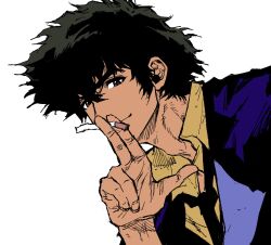 Rule 34 | 1boy, black hair, black necktie, blue jacket, brown eyes, cigarette, closed mouth, collared shirt, cowboy bebop, hand up, highres, holding, holding cigarette, jacket, looking at viewer, male focus, my nameisyoon, necktie, shirt, short hair, simple background, solo, spike spiegel, upper body, v-shaped eyebrows, white background, yellow shirt