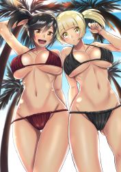 Rule 34 | 2girls, :d, bare shoulders, beach, bikini, black hair, blonde hair, blush, breasts, closed mouth, collarbone, creatures (company), day, furisode girl (pokemon), furisode girl kali, furisode girl katherine, game freak, hair between eyes, highres, large breasts, looking at viewer, midriff, multiple girls, navel, nintendo, open mouth, orange eyes, pokemon, pokemon xy, sky, smile, stomach, swimsuit, takecha, thigh gap, twintails, underbust, yellow eyes