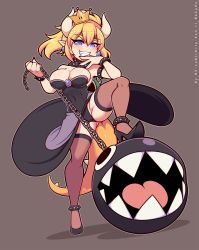 Rule 34 | 1girl, armlet, bare shoulders, black dress, black footwear, black nails, blonde hair, blue eyes, bowsette, bracelet, breasts, chain, chain chomp, cleavage, collar, commentary, crown, dress, earrings, english commentary, eyes visible through hair, fang, fingernails, full body, grey background, grin, hair between eyes, hand to own mouth, high heels, highres, horns, jewelry, large breasts, long fingernails, looking at viewer, mario (series), mini crown, nail polish, new super mario bros. u deluxe, nintendo, outline, pointy ears, ponytail, re-sublimity-kun, sharp teeth, shoes, simple background, smile, solo, spiked anklet, spiked armlet, spiked bracelet, spiked collar, spiked shell, spiked tail, spikes, strapless, strapless dress, super crown, tail, teeth, thick eyebrows, thighhighs, turtle shell, v-shaped eyebrows, watermark, web address, white outline