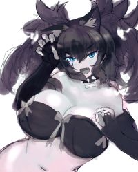 Rule 34 | 1girl, animal ears, bare shoulders, big hair, blue eyes, bone necklace, bow, breasts, cerberus (kemono friends), claw pose, cleavage, collar, dog ears, dutch angle, elbow gloves, extra ears, fang, fingerless gloves, fingernails, gloves, glowing, glowing eyes, glowing hair, hair between eyes, head tilt, highres, huge breasts, kemono friends, looking at viewer, navel, open mouth, scar, scar across eye, scar on face, sharp fingernails, shibori kasu, sidelocks, sketch, smile, solo, spiked collar, spikes, spot color, stomach, strapless, tube top, two side up, upper body