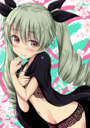 Rule 34 | 10s, 1girl, anchovy (girls und panzer), artist name, black cape, black ribbon, cape, closed mouth, drill hair, girls und panzer, green hair, hair ribbon, long hair, looking at viewer, navel, pink eyes, ribbon, saz (sazin764), smile, solo, twin drills, twintails, underwear