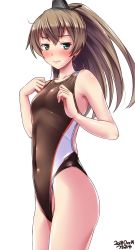 Rule 34 | 1girl, artist name, black one-piece swimsuit, blue eyes, brown hair, brown one-piece swimsuit, collarbone, competition swimsuit, cowboy shot, dated, flat chest, hair between eyes, hair ornament, hairclip, high ponytail, highres, kantai collection, kumano (kancolle), long hair, looking at viewer, one-piece swimsuit, ponytail, simple background, solo, standing, swimsuit, tsuchimiya, white background