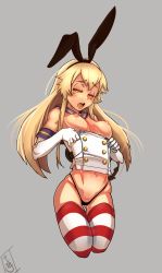 Rule 34 | 10s, 1girl, alternate breast size, andava, animal ears, black panties, blonde hair, blush, breasts, breasts out, cropped legs, elbow gloves, fake animal ears, gloves, hairband, half-closed eyes, highleg, highleg panties, highres, kantai collection, long hair, nipples, no pants, panties, rabbit ears, saliva, shimakaze (kancolle), simple background, solo, striped clothes, striped thighhighs, thigh gap, thighhighs, tongue, tongue out, torogao, undersized clothes, underwear, white gloves