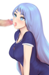 Rule 34 | 1boy, 1girl, blue eyes, blue hair, blush, boku no hero academia, breasts, censored, fellatio, hadou nejire, highres, large breasts, long hair, mosaic censoring, open mouth, oral, penis, saliva, saliva trail, shpo, tongue, tongue out, white background