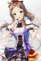 Rule 34 | 1girl, azama-k, blush, breasts, brown eyes, brown hair, cleavage, commentary request, cowboy shot, dress, forehead, gradient background, green eyes, hat, headset, highres, idolmaster, idolmaster cinderella girls, idolmaster cinderella girls starlight stage, long hair, looking at viewer, matsuyama kumiko, medium breasts, microphone, mini hat, parted bangs, ponytail, puffy short sleeves, puffy sleeves, short sleeves, showtime illusion, smile, solo, wrist cuffs