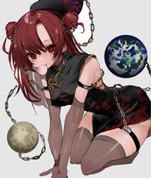 Rule 34 | 1girl, alternate hairstyle, ayahi 4, black dress, chain, china dress, chinese clothes, double bun, dress, earrings, earth (ornament), grey background, hair bun, hecatia lapislazuli, highres, jewelry, looking at viewer, moon (ornament), red eyes, red hair, solo, thigh strap, thighhighs, touhou, underworld (ornament)