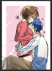 Rule 34 | 1boy, 1girl, blue hair, blush, brown eyes, brown hair, brown pants, chinese commentary, closed eyes, closed mouth, commentary request, covered mouth, from side, hetero, hug, kaito (vocaloid), long sleeves, looking at another, meiko (vocaloid), pants, profile, red shirt, shirt, short hair, vocaloid, yiwr