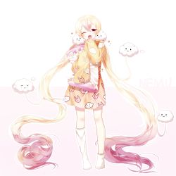 Rule 34 | 10s, 1girl, ;o, absurdly long hair, animal print, asymmetrical legwear, bad id, bad pixiv id, blonde hair, blush, character name, cloud hair ornament, cloud print, drowsy, frilled pillow, frills, full body, gradient hair, hair between eyes, hair ornament, hand to own mouth, hands in opposite sleeves, highres, kneehighs, legs apart, lepoule (kmjh90), long hair, long sleeves, looking at viewer, mahou shoujo ikusei keikaku, mahou shoujo ikusei keikaku unmarked, multicolored hair, nemurin, nemurin (mahoiku), no pants, no shoes, one eye closed, outline, pajamas, pillow, pink background, pink hair, print pajamas, purple eyes, rabbit print, red eyes, sleepy, sleeves past wrists, smile, socks, solo, standing, twintails, two-tone background, uneven legwear, very long hair, white background, white socks, yawning