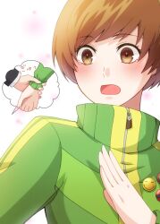Rule 34 | 1boy, 1girl, badge, blush, brown eyes, brown hair, button badge, commentary request, eyelashes, green jacket, hand up, holding another&#039;s wrist, jacket, kureha jhsh, long sleeves, multicolored clothes, multicolored jacket, narukami yuu, open mouth, persona, persona 4, satonaka chie, short hair, sound effects, swept bangs, track jacket, two-tone jacket, upper body, white background, yellow jacket