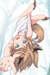 Rule 34 | 1girl, animal ears, aqua eyes, arm up, blush, boots, bound, breasts, brown hair, dress, dress tug, embarrassed, eyelashes, fangs, fox ears, fox tail, highres, looking at viewer, matsunaga kouyou, no panties, open mouth, original, outdoors, palms, reaching, sleeveless, sleeveless dress, small breasts, solo, tail, tears, tied up (nonsexual), tongue, tree, upside-down, white dress