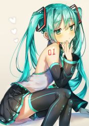 Rule 34 | aqua eyes, aqua hair, bare shoulders, black skirt, black sleeves, black thighhighs, blouse, blush, closed eyes, commentary, detached sleeves, expressionless, feet out of frame, fingers to chin, from side, grey shirt, hair ornament, half-closed eyes, hand on own chin, hatsune miku, heart, leaning forward, light blush, long hair, looking at viewer, looking to the side, neon trim, shirt, shoulder tattoo, sitting, skirt, tattoo, thighhighs, twintails, very long hair, vocaloid, wakamore (getguacamole), zettai ryouiki