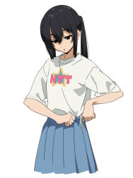 Rule 34 | 1girl, :o, adjusting clothes, black hair, blue skirt, brown eyes, hands up, highres, k-on!, kamo kamen, long hair, looking down, nakano azusa, open mouth, pleated skirt, shirt, short sleeves, simple background, skirt, solo, standing, t-shirt, twintails, white background, white shirt