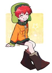 Rule 34 | 1boy, animification, blush, boots, breast pocket, child, closed eyes, fingerless gloves, gloves, green gloves, green hat, hat, highres, kxh-hxk, kyle broflovski, legs, male focus, pocket, red hair, simple background, smile, solo, south park, star (symbol), teeth