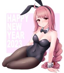 Rule 34 | 1girl, 2023, ahoge, animal ears, armband, bare shoulders, blush, bow choker, braid, breasts, chinese zodiac, cleavage, collarbone, commentary request, dot nose, english text, fake animal ears, hair ornament, happy new year, highres, himuro lavi, leotard, long hair, looking at viewer, magia record: mahou shoujo madoka magica gaiden, mahou shoujo madoka magica, medium breasts, new year, pantyhose, pink eyes, pink hair, playboy bunny, rabbit ears, sidelocks, simple background, sitting, solo, thighs, twin braids, very long hair, white armband, year of the rabbit, zwei (santanawamuujojo)